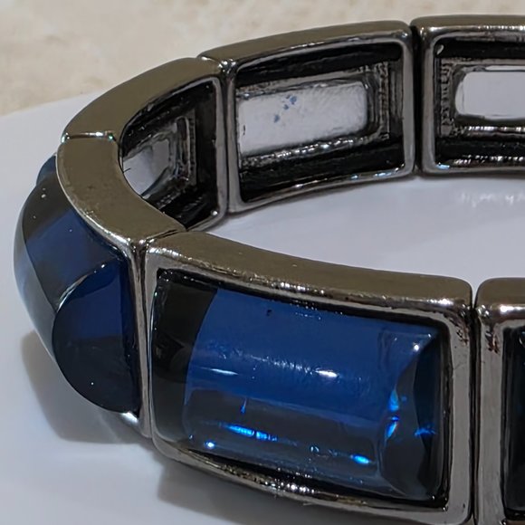 Navy Blue Dome Stones Charcoal Gray Link Stretch Modern Fashion Bracelet - Picture 7 of 12